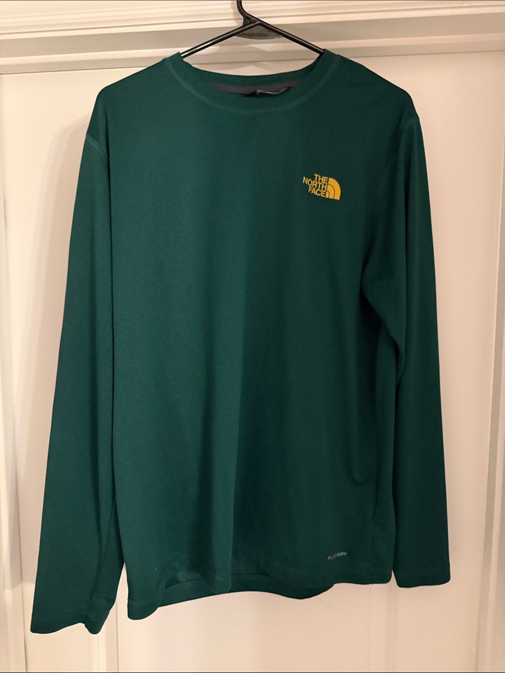 The North Face Men's Crew Long Sleeve in Teal with Yellow Logo